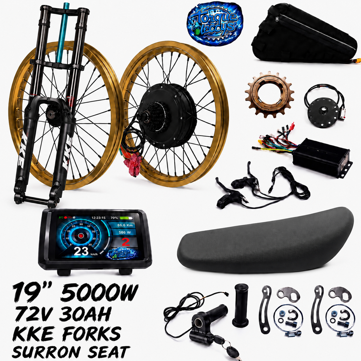 Torqueleccys 72v 30ah 19” 5000w ebike kit (with battery🔋) KKE forks and surron seat